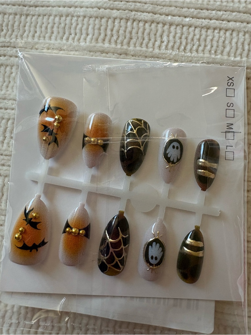 3D Halloween Themed Press-On Nail Set in Orange, Black & Gold Size Medium